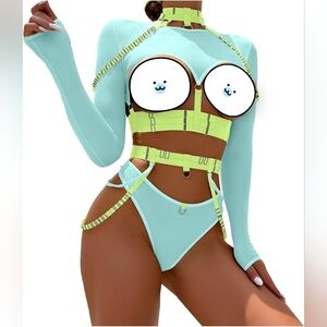 Nip Glow In the dark neon teal sexy mesh dance wear metal harness choker